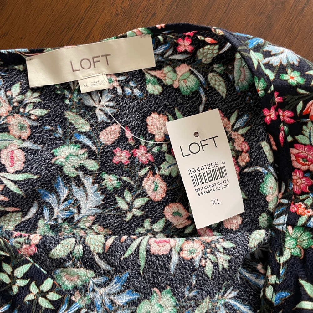 LOFT Floral Damask Print Long Sleeve Cropped Blouse‎ Navy XL feminine career nwt - Picture 12 of 14